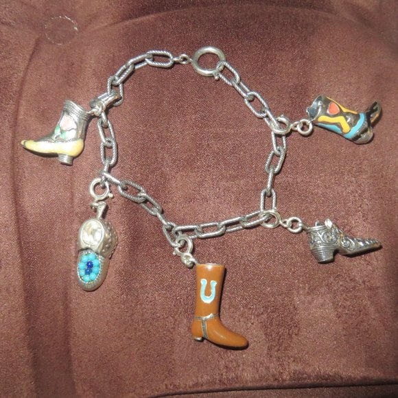 ❤️925 Sterling CAROLYN POLLACK Relios Western Cowboy Boots 5 Charm Bracelet - Picture 1 of 9
